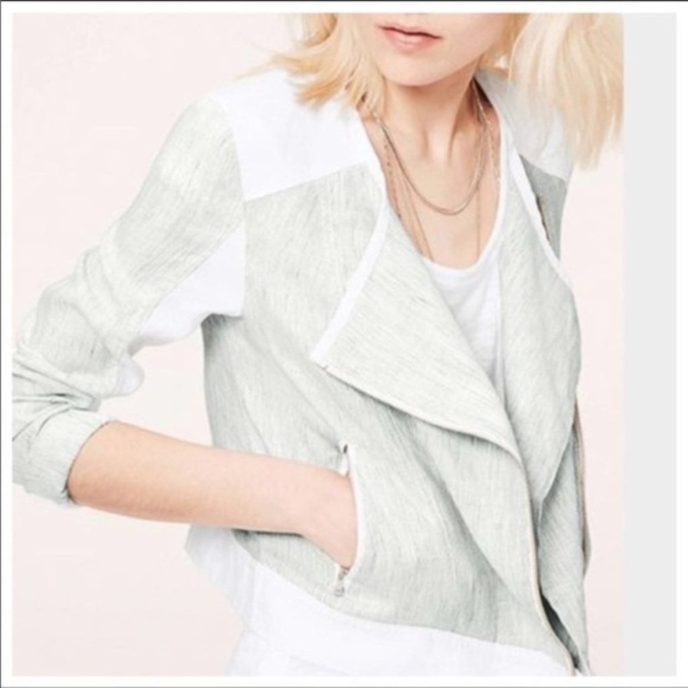 LOU & GREY Loft 100% Linen Two Tone Pinstripe Crop Moto Jacket, L